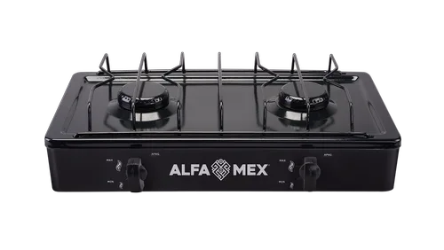 Parrilla económica Alfamex modelo 303S negra, fotografía oficial del fabricante