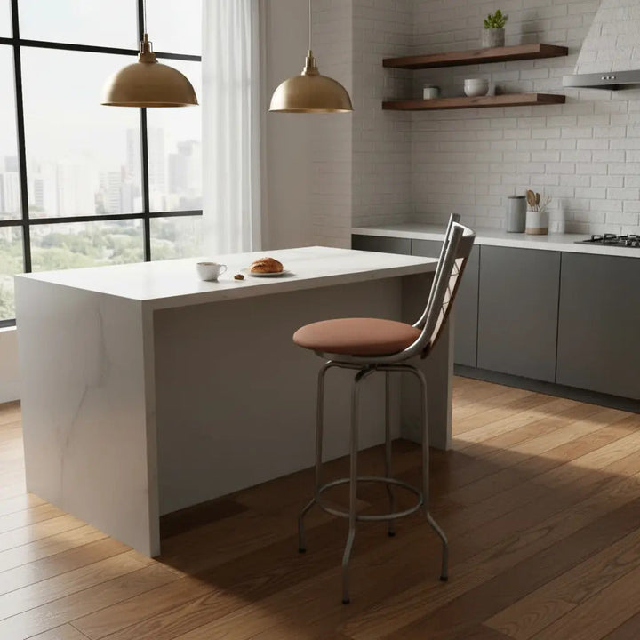 Banco Modelo Victoria Gris Vinil Petalo Latte - producto ambientado