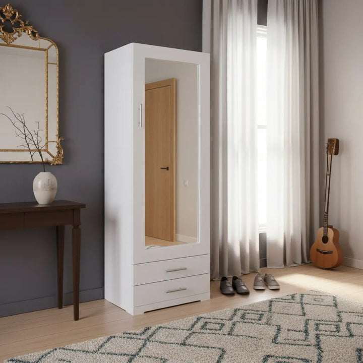 Zapatera Modelo Massachusetts Blanco - ambientada en recamara sin personas en el espejo