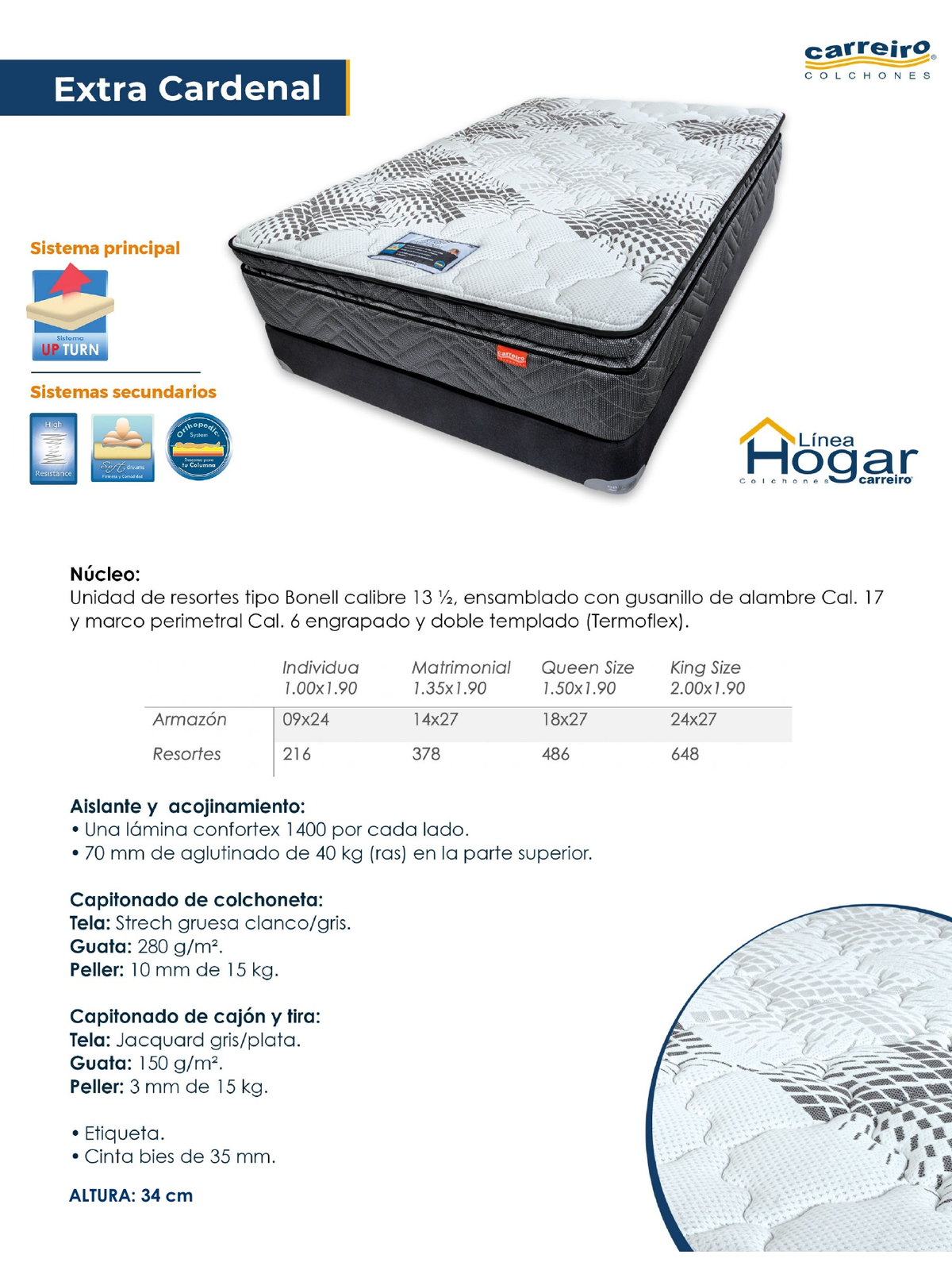Colchon Carreiro Extra Cardenal Queen Size. Ficha tecnica oficial 2025 del modelo; tabla de tamanos. No incluye base box ni tarima.