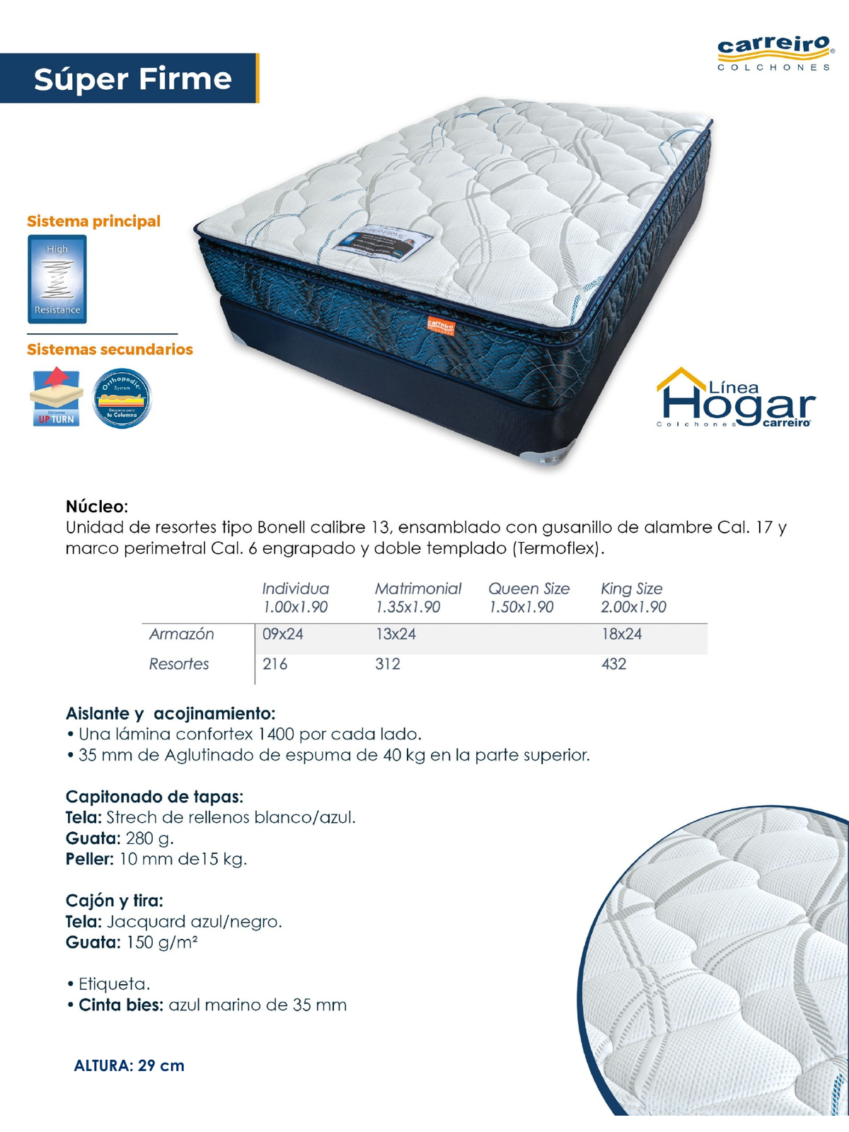 Colchon Carreiro Súper Firme King Size. Ficha tecnica oficial 2025 del modelo; tabla de tamanos. No incluye base box ni tarima.