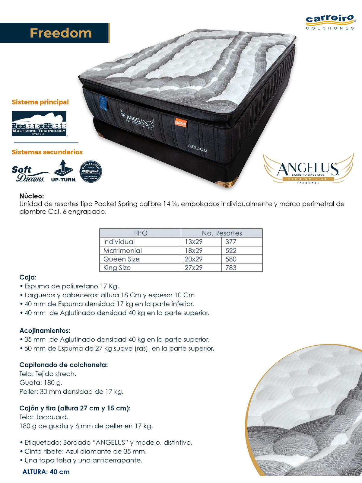 Colchon Carreiro Freedom Matrimonial. Ficha tecnica oficial 2025 del modelo; tabla de tamanos. No incluye base box ni tarima.
