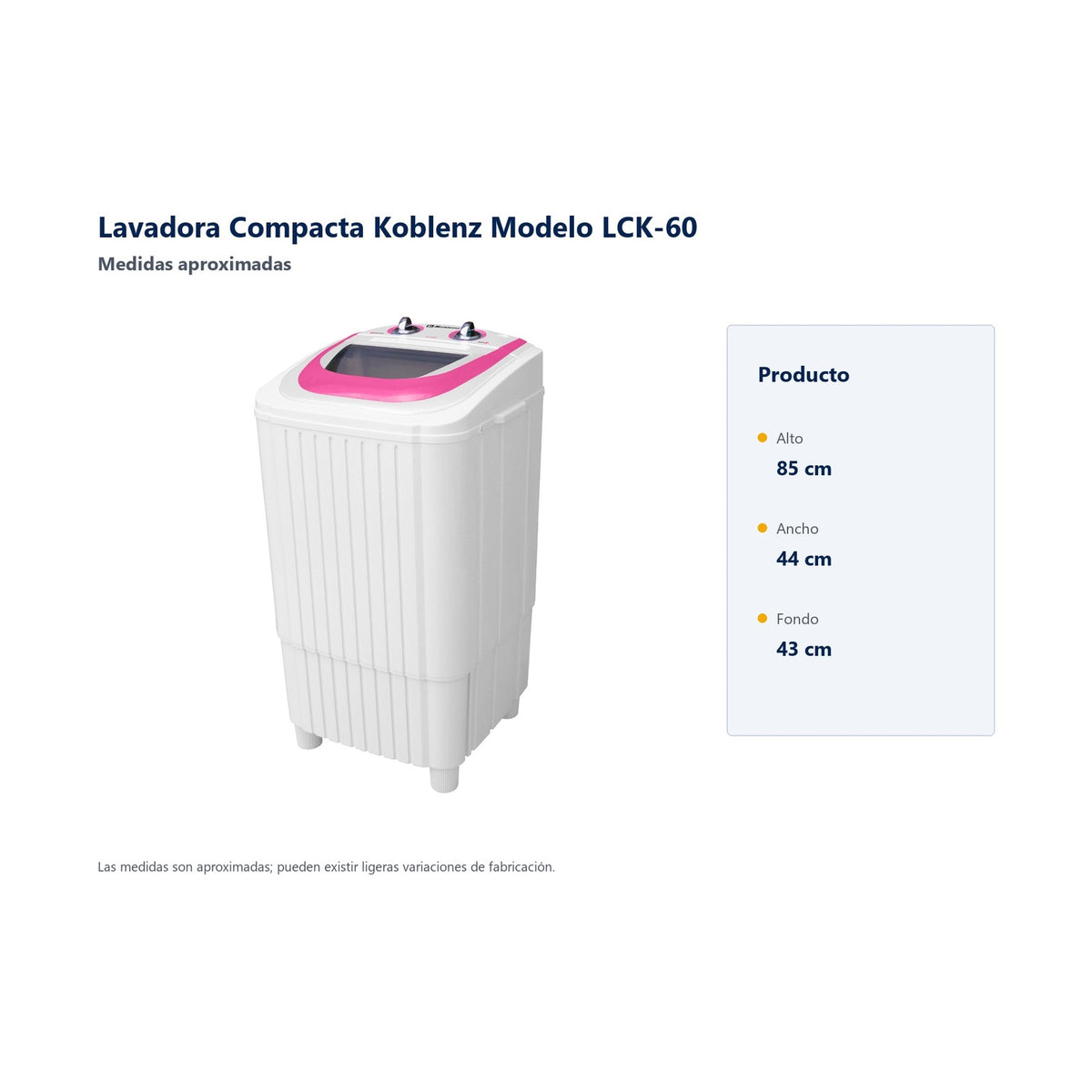Lavadora Compacta Koblenz Modelo LCK-60 - medidas aproximadas sin empaque