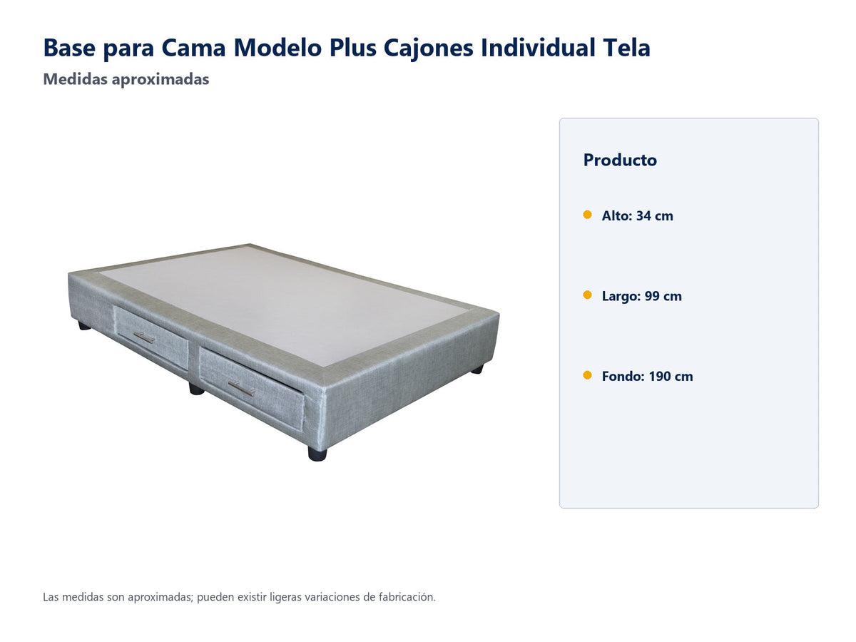 Base para Cama Modelo Plus Cajones Individual Tela - medidas aproximadas