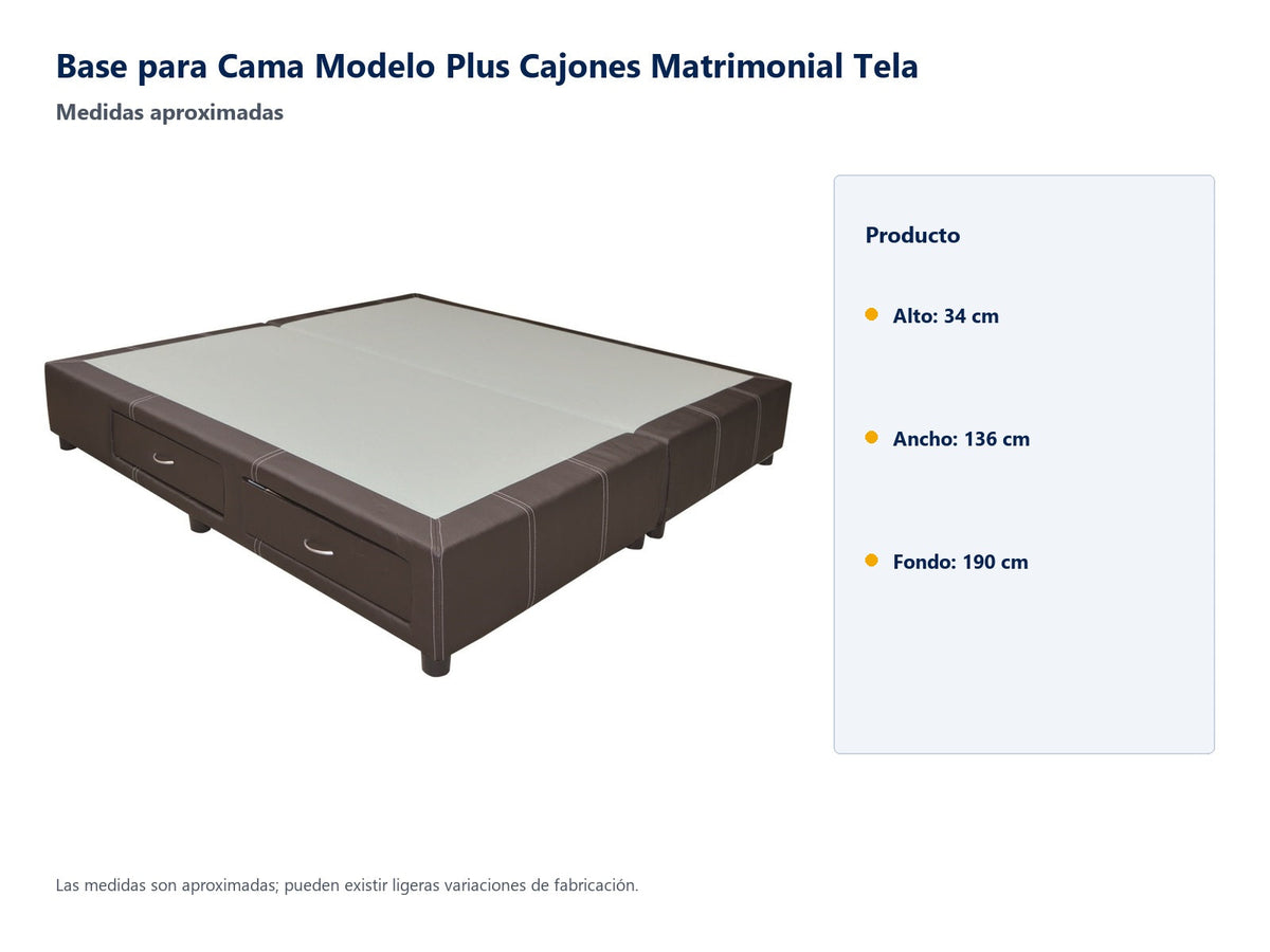 Base para Cama Modelo Plus Cajones Matrimonial Tela - medidas aproximadas