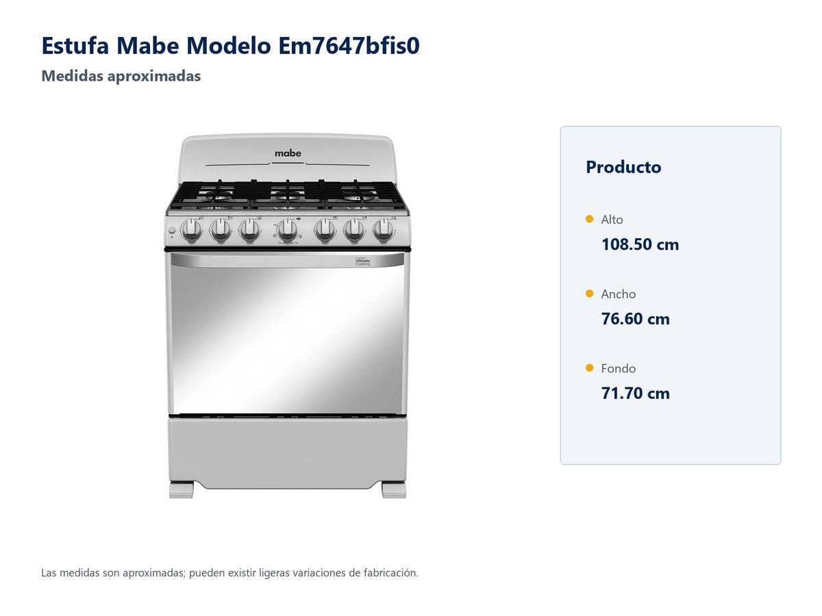 Estufa Mabe Modelo Em7647bfis0 - medidas aproximadas