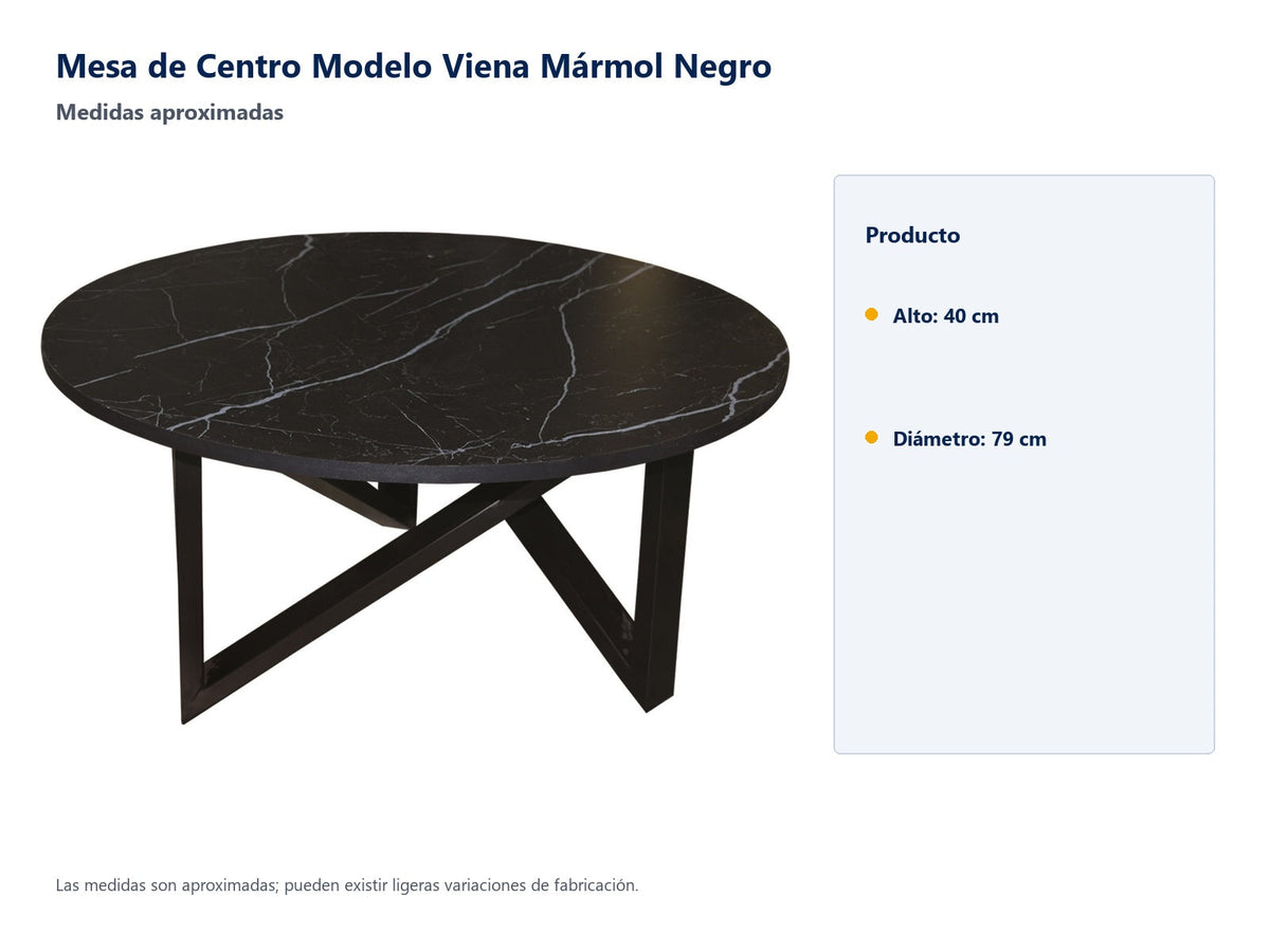 Mesa de Centro Modelo Viena Mármol Negro - medidas aproximadas