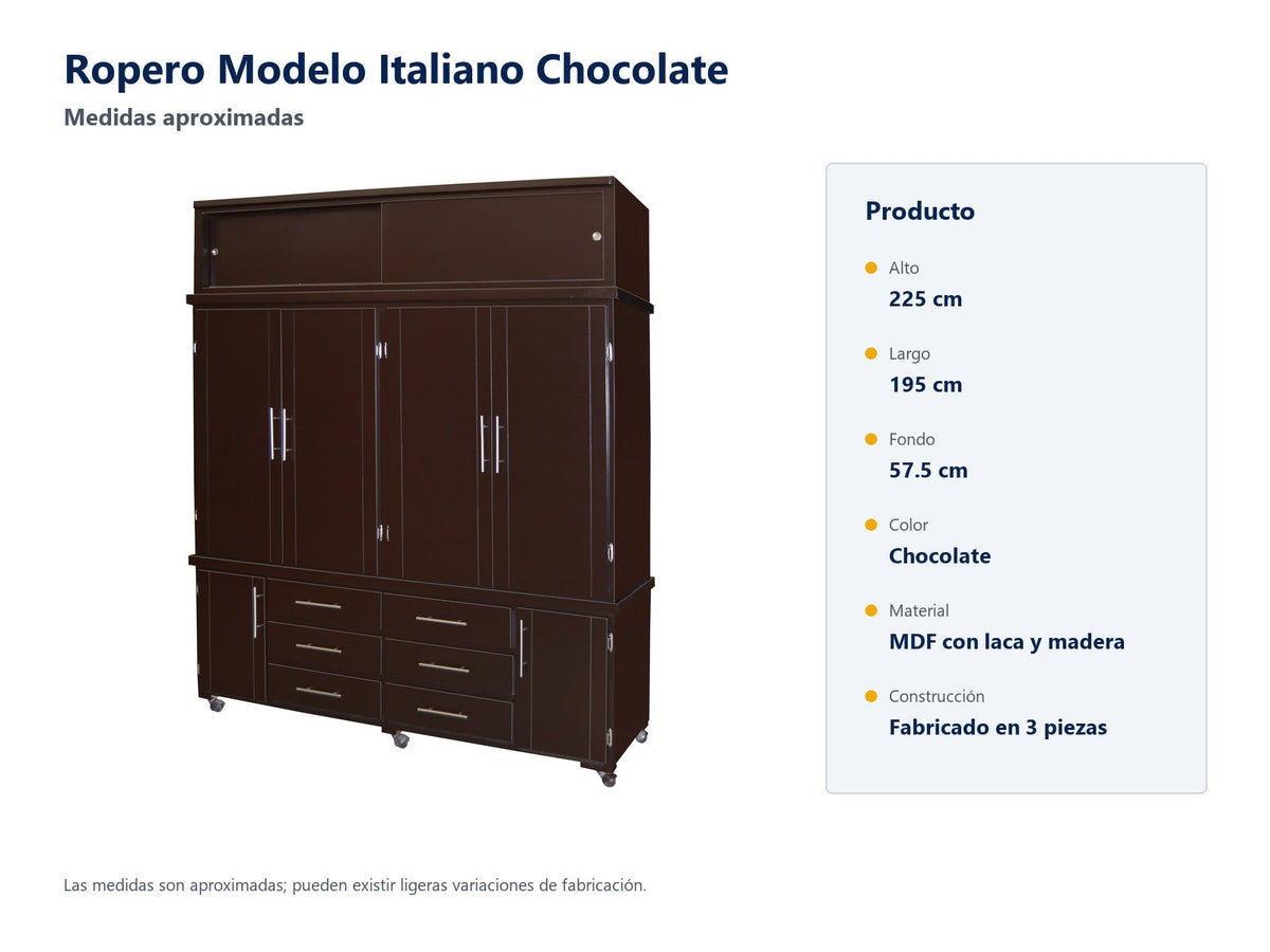 Ropero Modelo Italiano Chocolate - medidas aproximadas