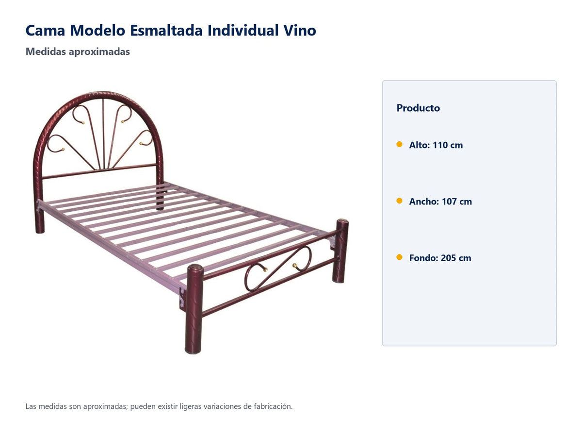 Cama Modelo Esmaltada Individual Vino - medidas aproximadas