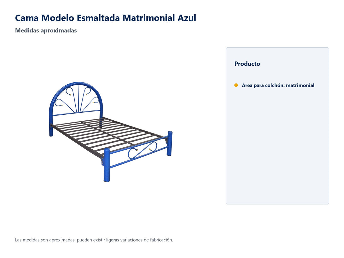Cama Modelo Esmaltada Matrimonial Azul - medidas aproximadas