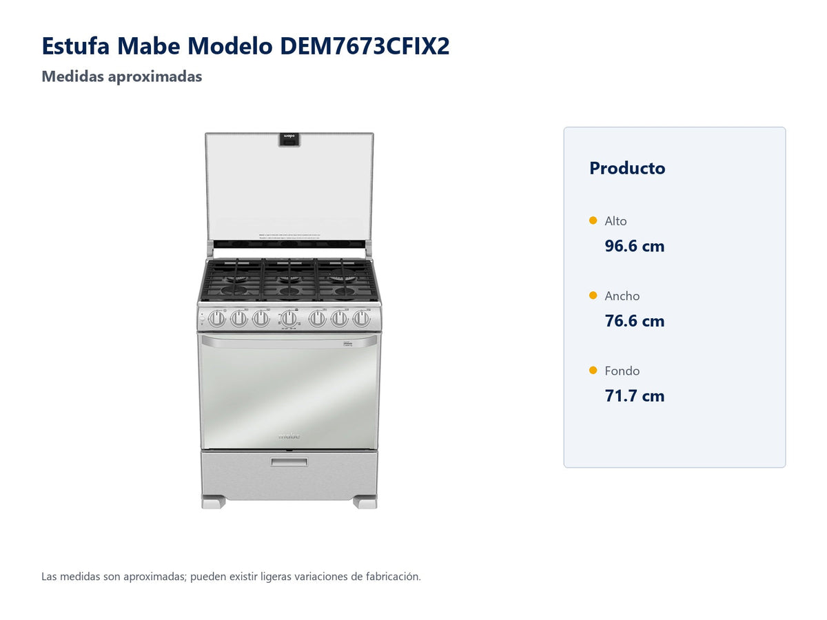 Estufa Mabe Modelo DEM7673CFIX2 - medidas aproximadas