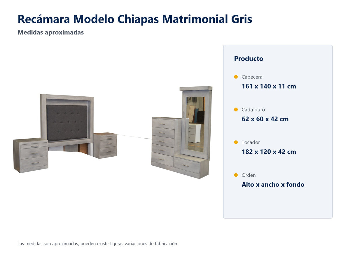 Recámara Modelo Chiapas Matrimonial Gris - medidas aproximadas