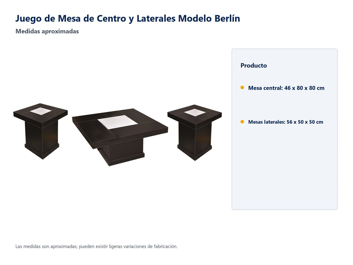 Juego de Mesa de Centro y Laterales Modelo Berlín - medidas aproximadas