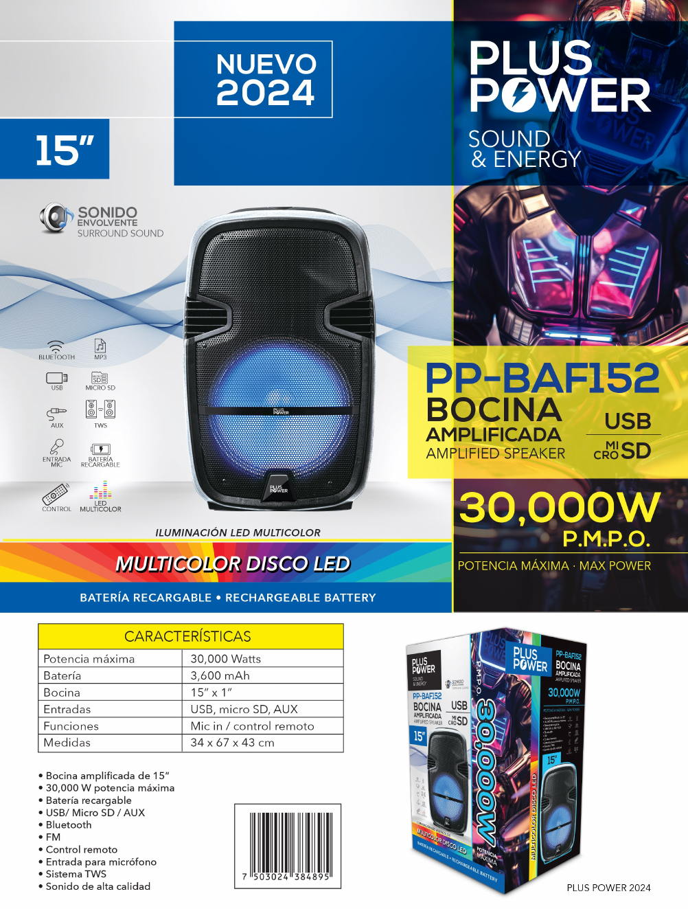 Bafle Amplificado Plus Power Modelo PP-BAF152 - ficha técnica original