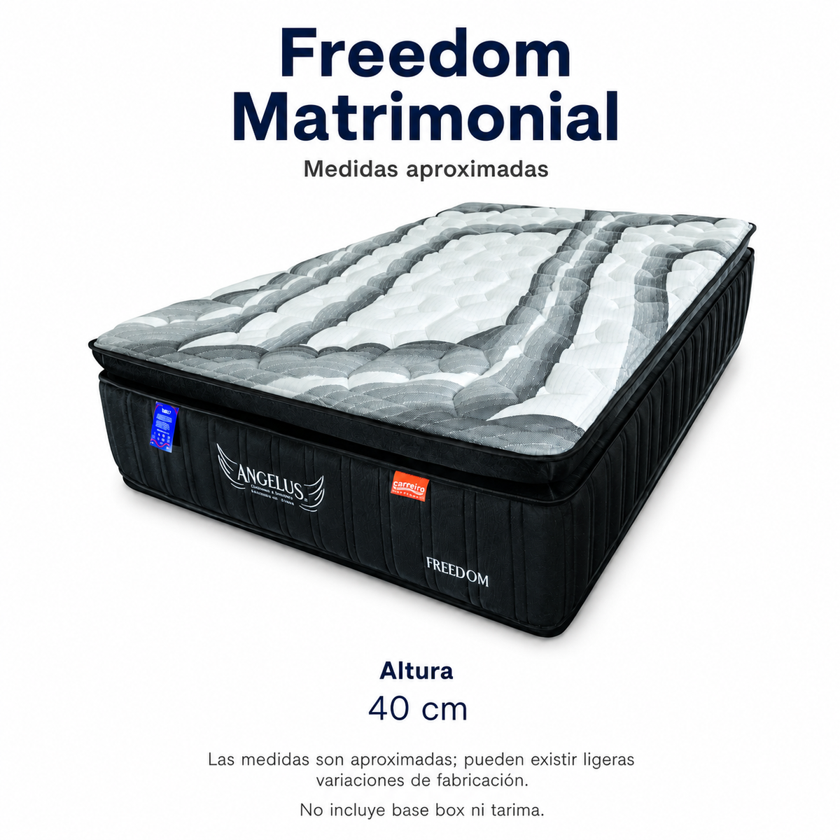 Colchon Carreiro Freedom Matrimonial. Medidas aproximadas verificadas en ficha oficial 2025. No incluye base box ni tarima.