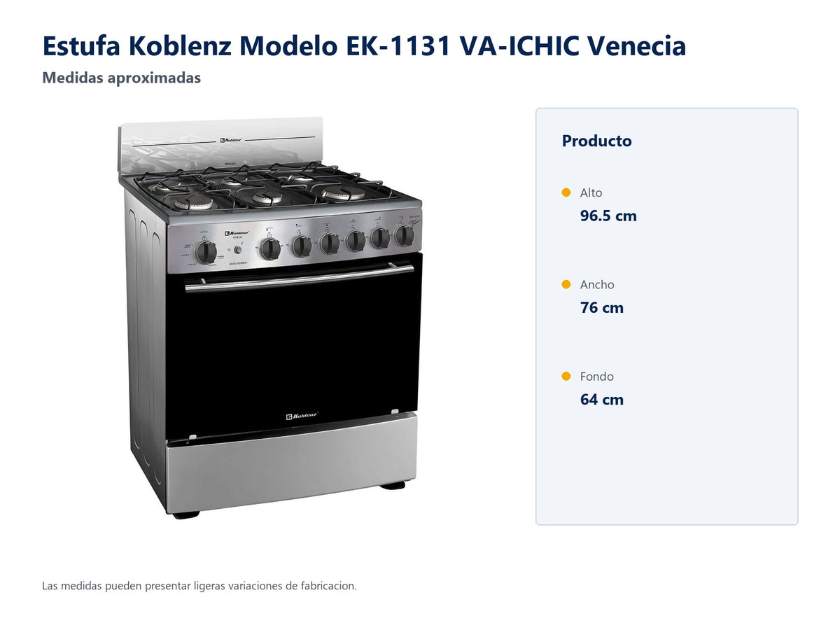 Estufa Koblenz Modelo EK-1131 VA-ICHIC Venecia - medidas aproximadas