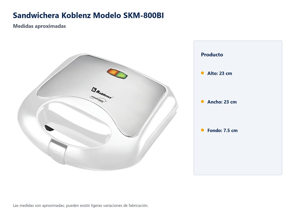 Sandwichera Koblenz Modelo SKM-800BI - medidas aproximadas