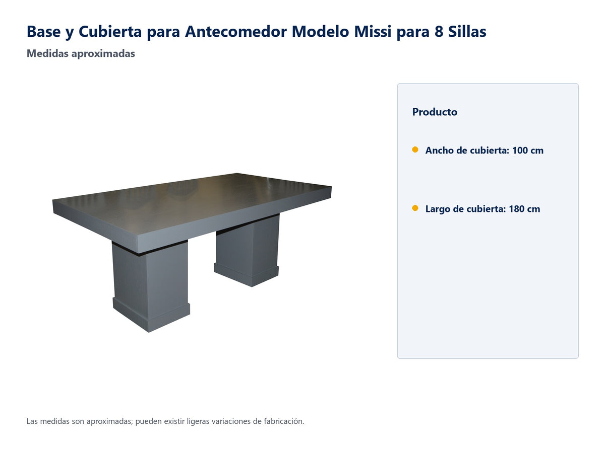 Base y Cubierta para Antecomedor Modelo Missi para 8 Sillas - medidas aproximadas