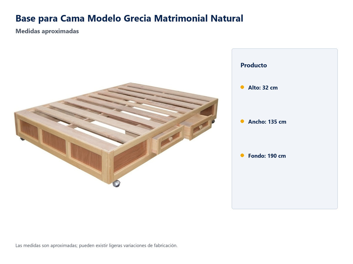 Base para Cama Modelo Grecia Matrimonial Natural - medidas aproximadas
