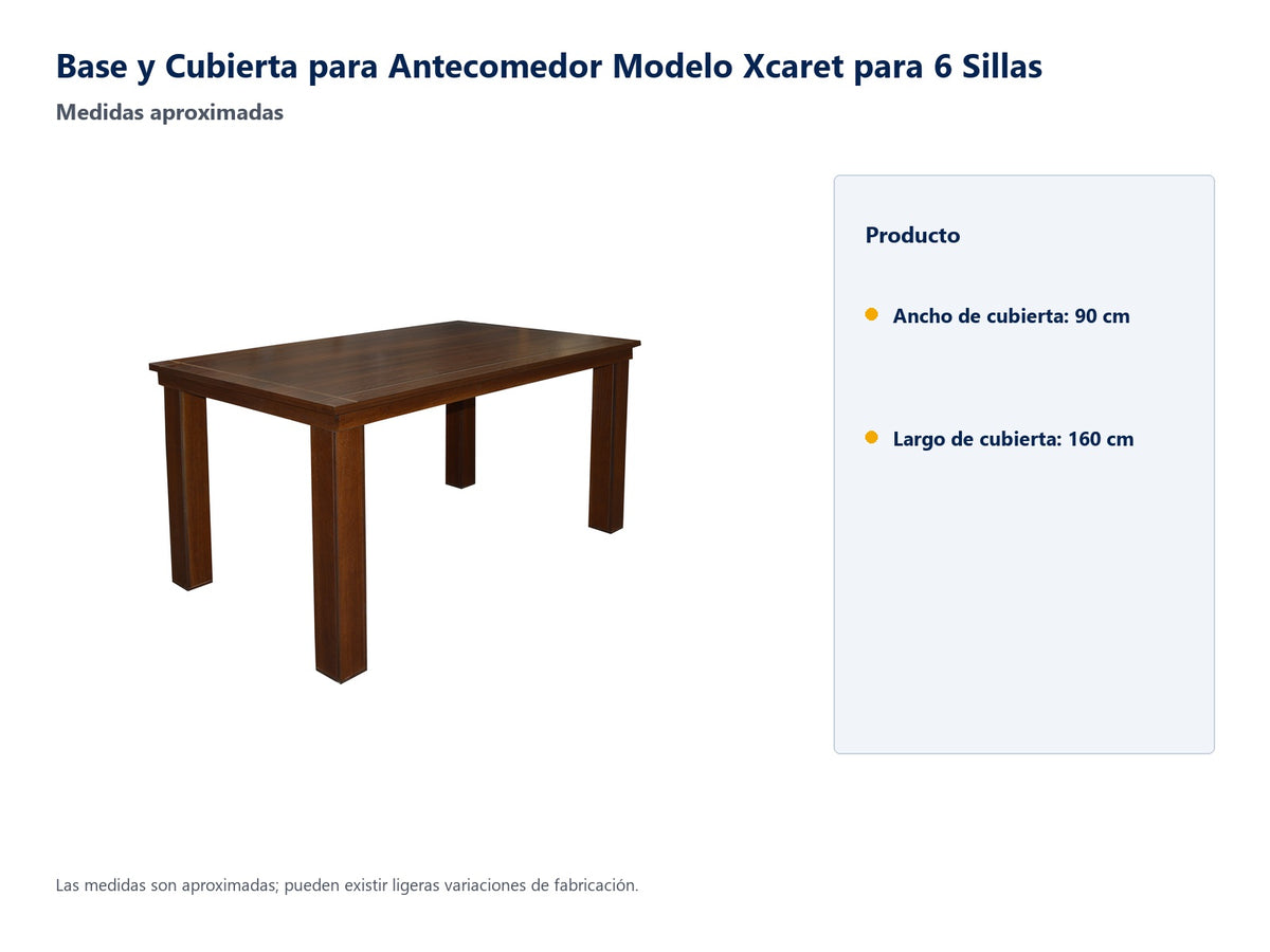 Base y Cubierta para Antecomedor Modelo Xcaret para 6 Sillas - medidas aproximadas