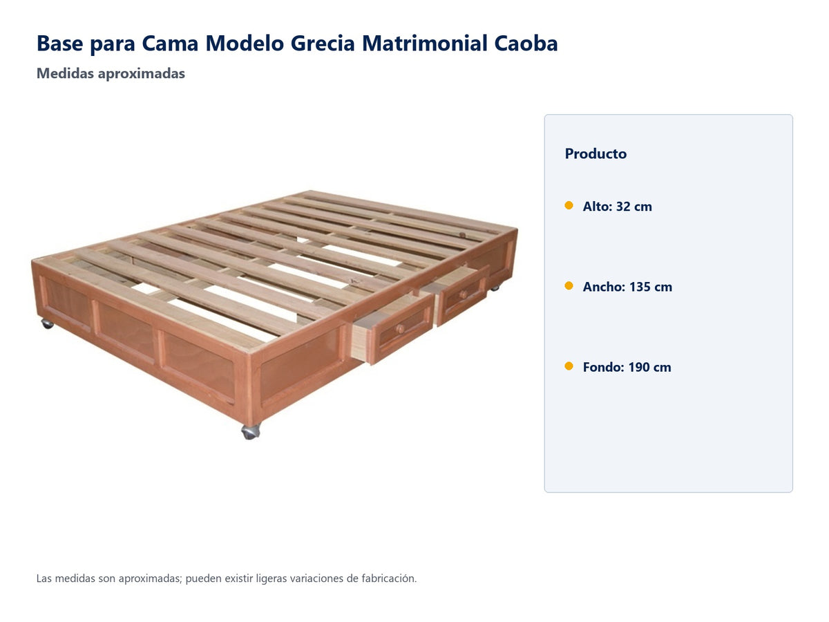Base para Cama Modelo Grecia Matrimonial Caoba - medidas aproximadas