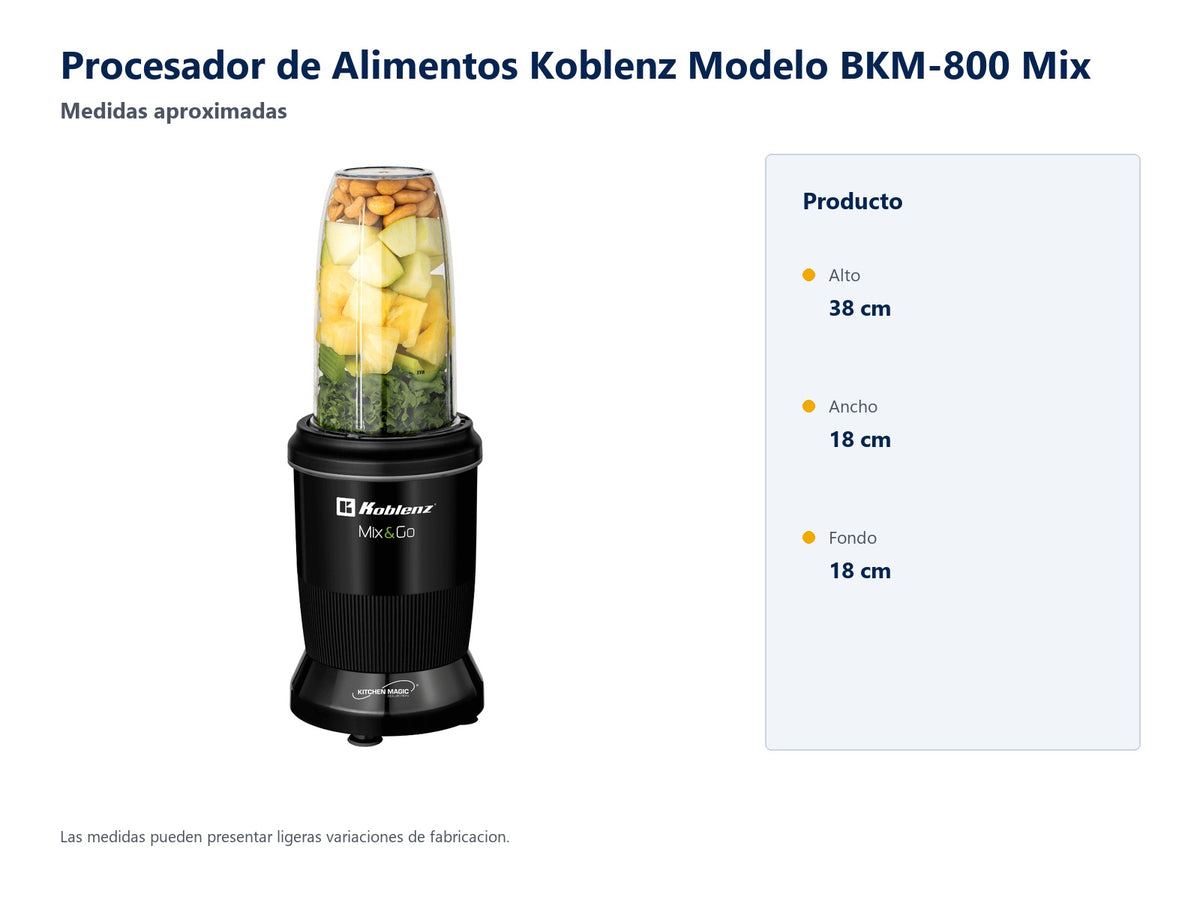 Procesador de Alimentos Koblenz Modelo BKM-800 Mix - medidas aproximadas