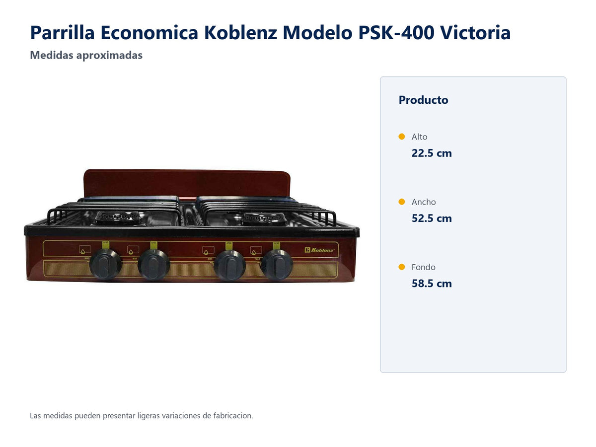 Parrilla Economica Koblenz Modelo PSK-400 Victoria - medidas aproximadas