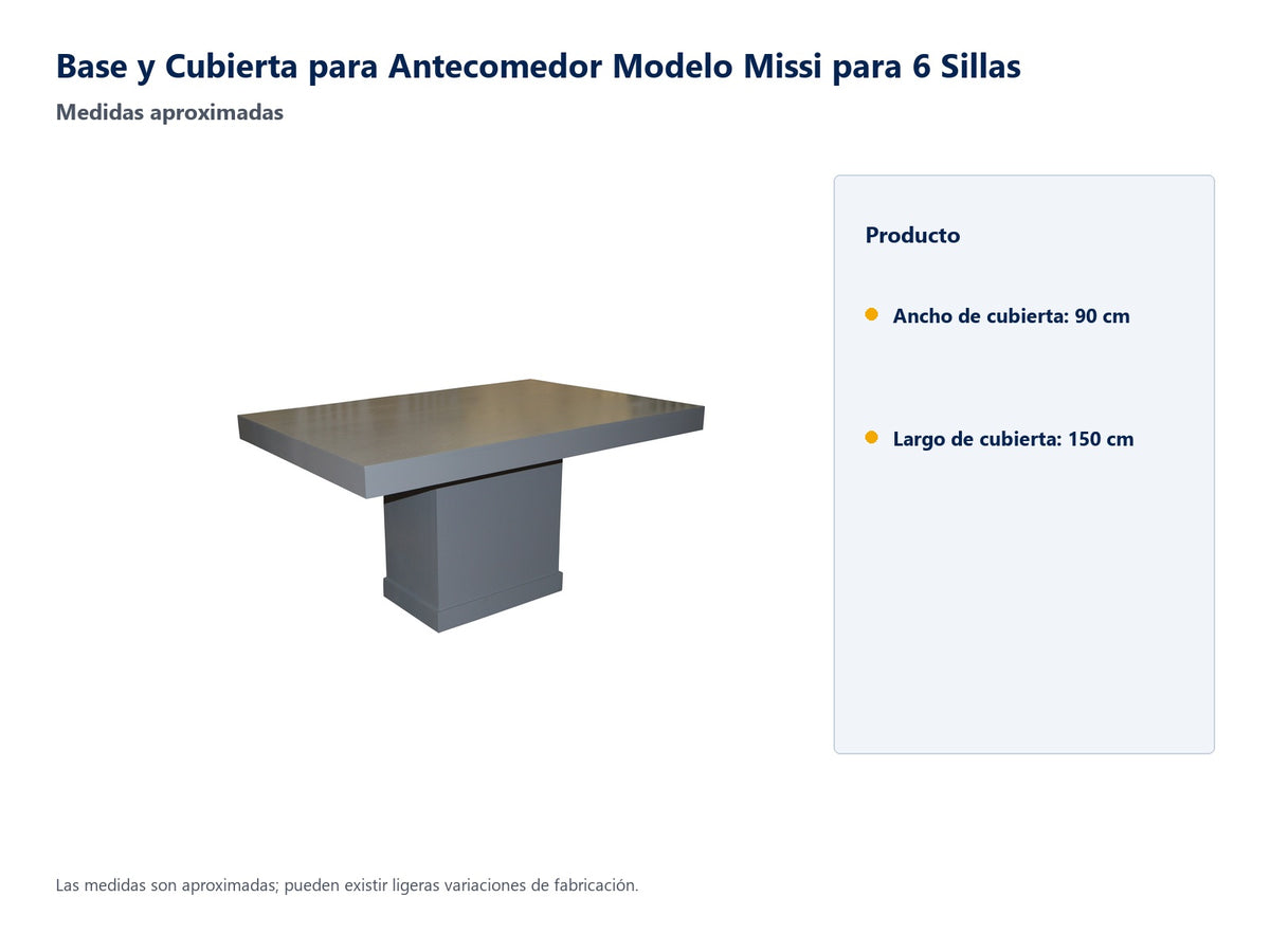 Base y Cubierta para Antecomedor Modelo Missi para 6 Sillas - medidas aproximadas