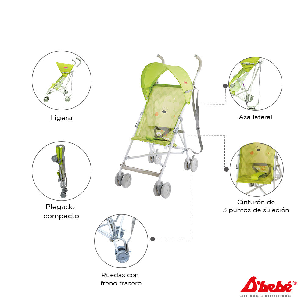 Carriola D'bebe Modelo Zoo Verde - funciones y elementos de seguridad