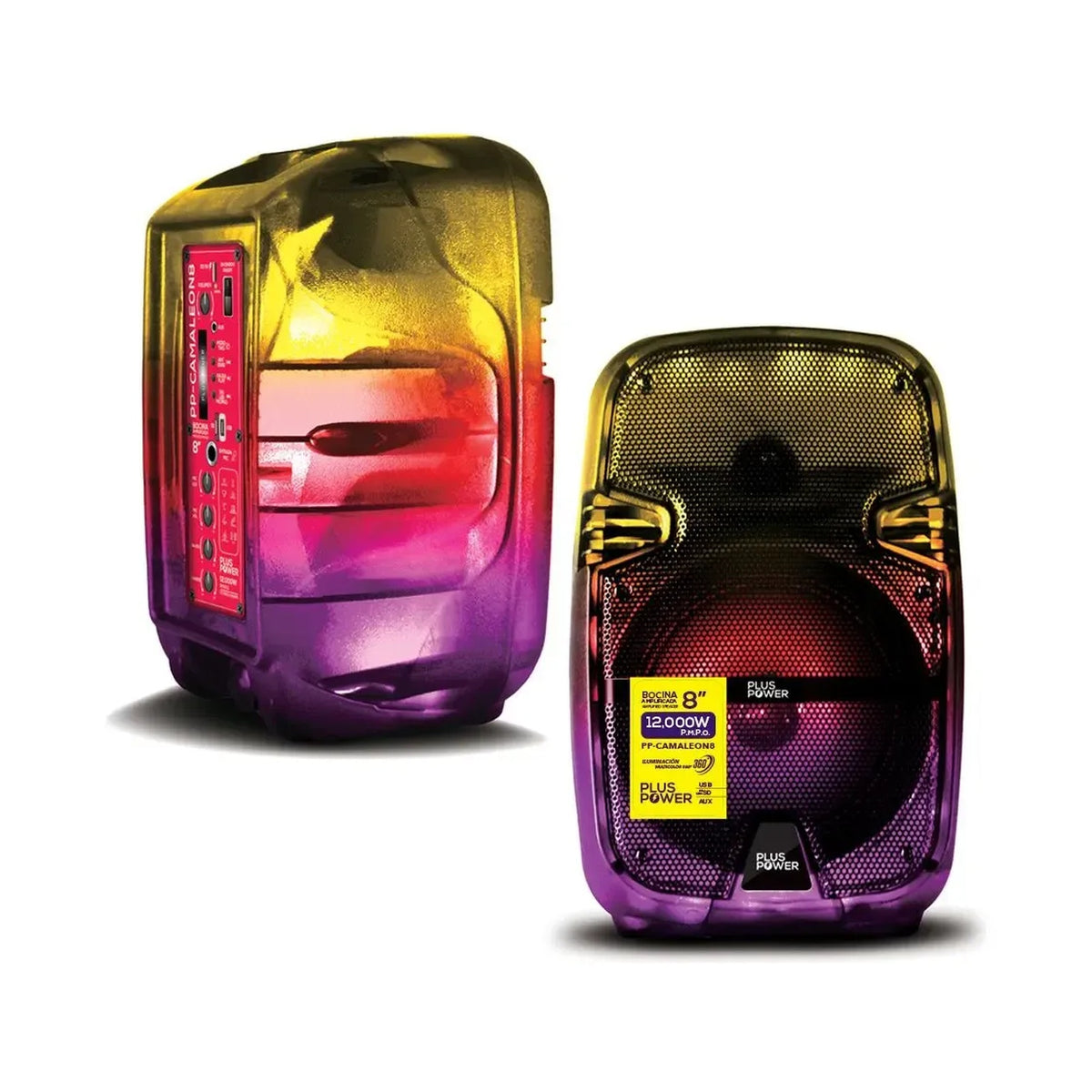 Bafle Amplificado Plus Power Modelo PP-CAMALEON8 - vistas frontal y posterior