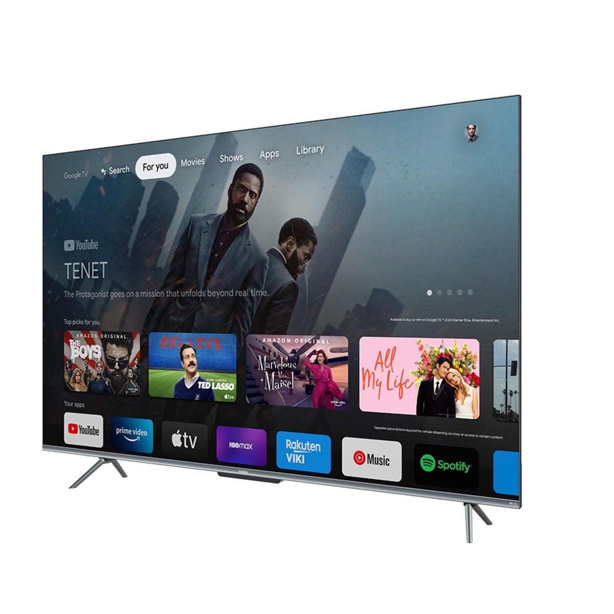 Pantalla Smart TV Haier Modelo H65P752UX - vista lateral con Google TV