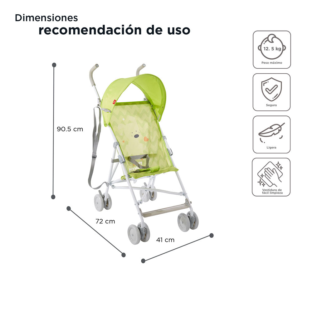 Carriola D'bebe Modelo Zoo Verde - medidas aproximadas y recomendacion de uso