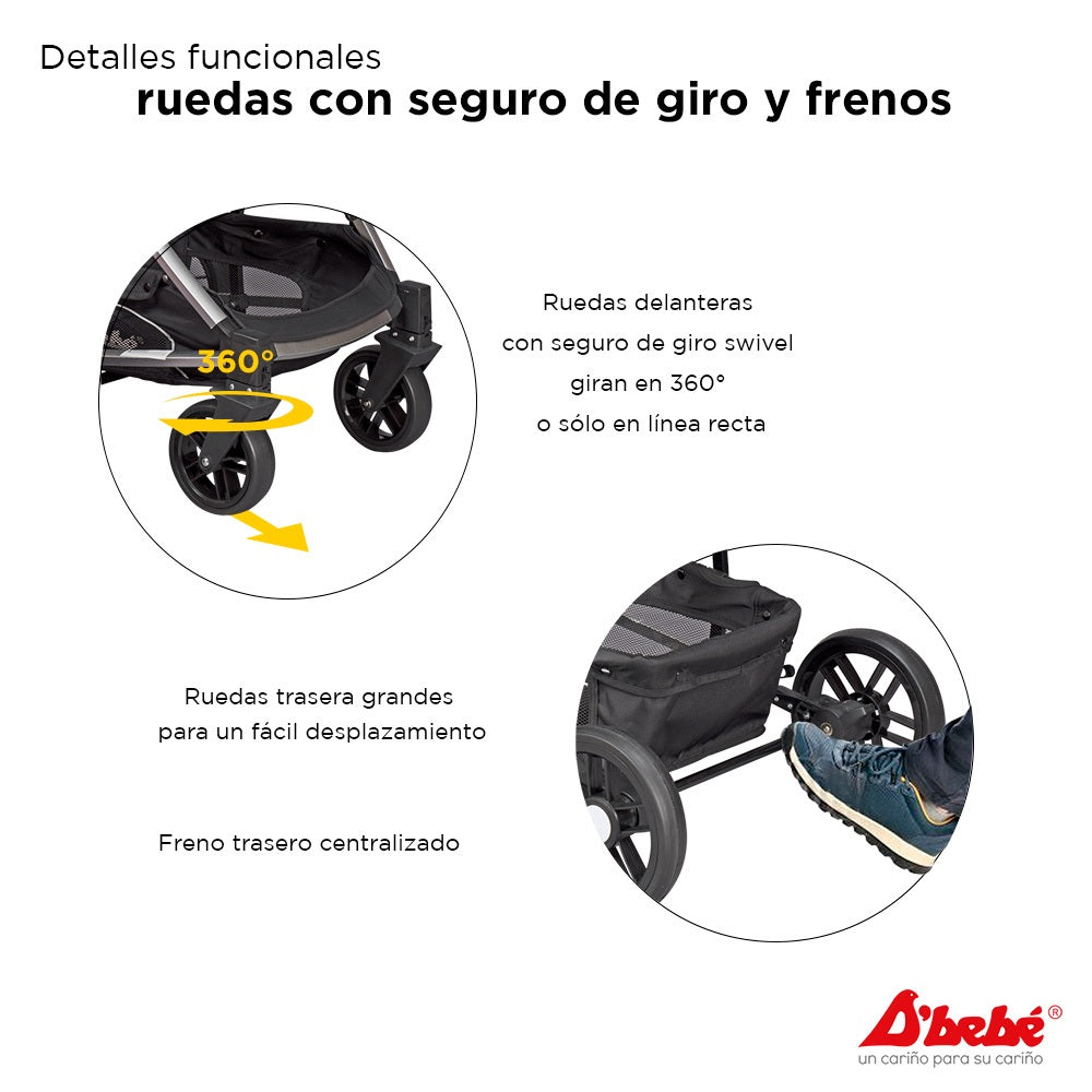 Carriola D'Bebé Modelo Travel System Crown - detalle de ruedas y frenos