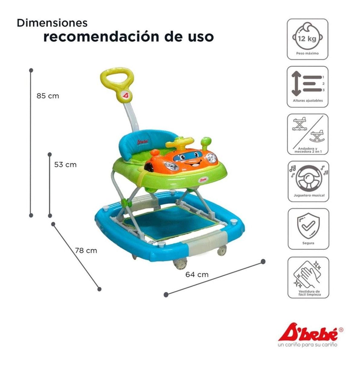 Andadera D'bebe Modelo Rocking Gogo Azul - medidas aproximadas y recomendacion de uso