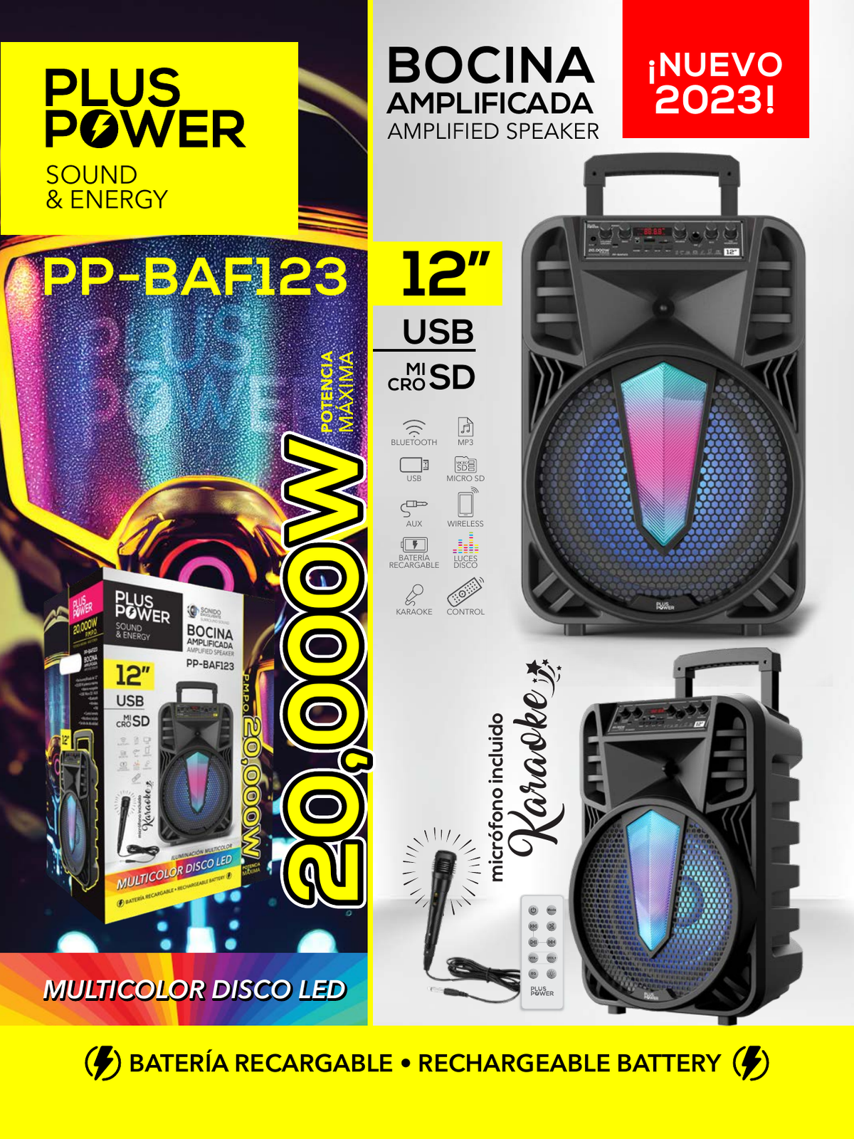 Bafle Amplificado Plus Power Modelo PP-BAF123 - ficha técnica original