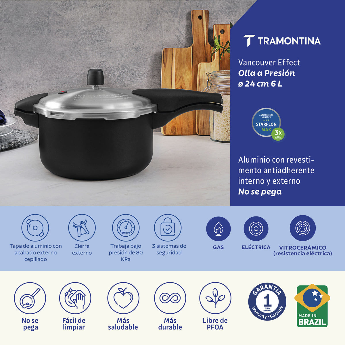 Olla a Presión Tramontina Vancouver Effect 24 cm 6 L Modelo 20592424 - características del producto