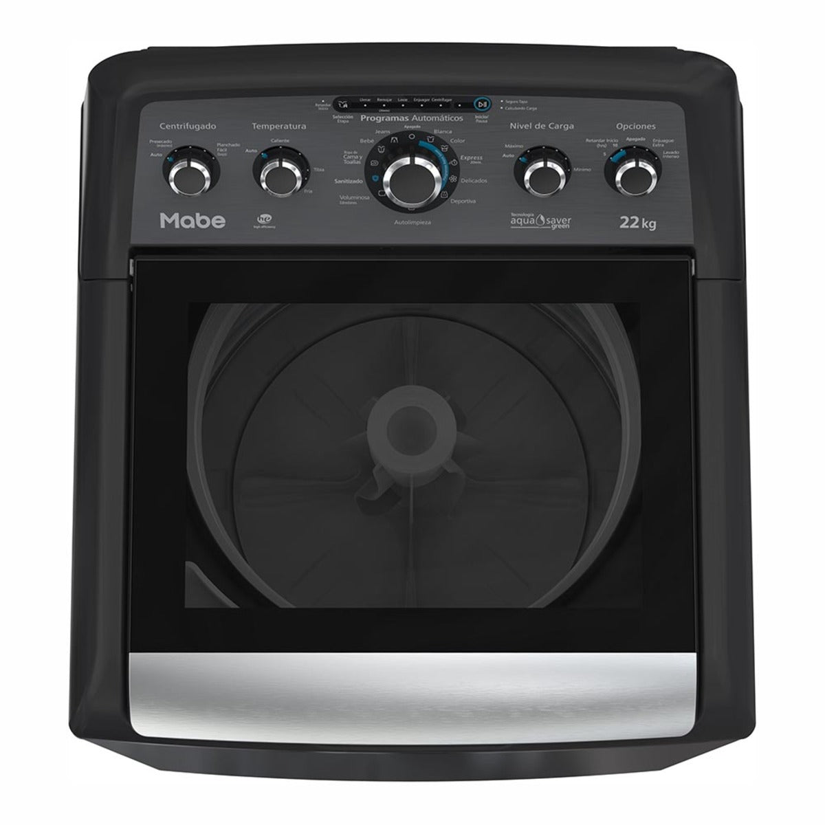 Lavadora Automática Mabe Modelo LMA72215WDAB0 - vista superior con tapa cerrada y panel de controles