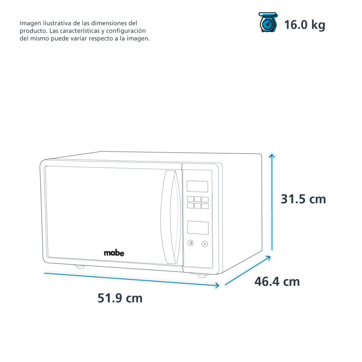 Horno De Microondas Mabe Modelo HMM114SEJ - medidas aproximadas