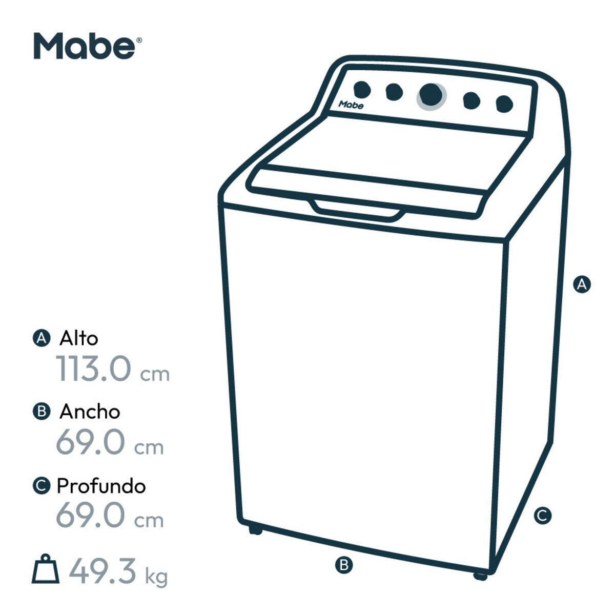 Lavadora Automatica Mabe Modelo LMA74215WBAB1 - medidas aproximadas