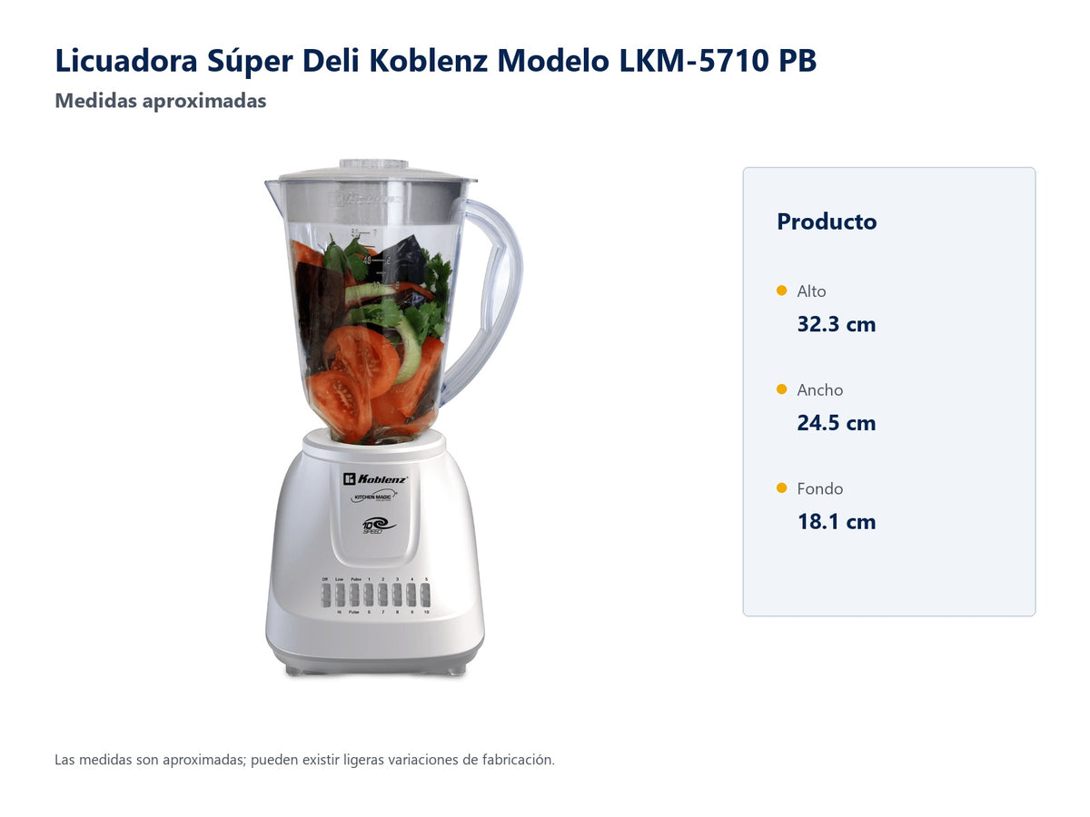 Licuadora Súper Deli Koblenz LKM-5710 PB - medidas aproximadas: alto 32.3 cm, ancho 24.5 cm y fondo 18.1 cm; pueden existir ligeras variaciones de fabricación