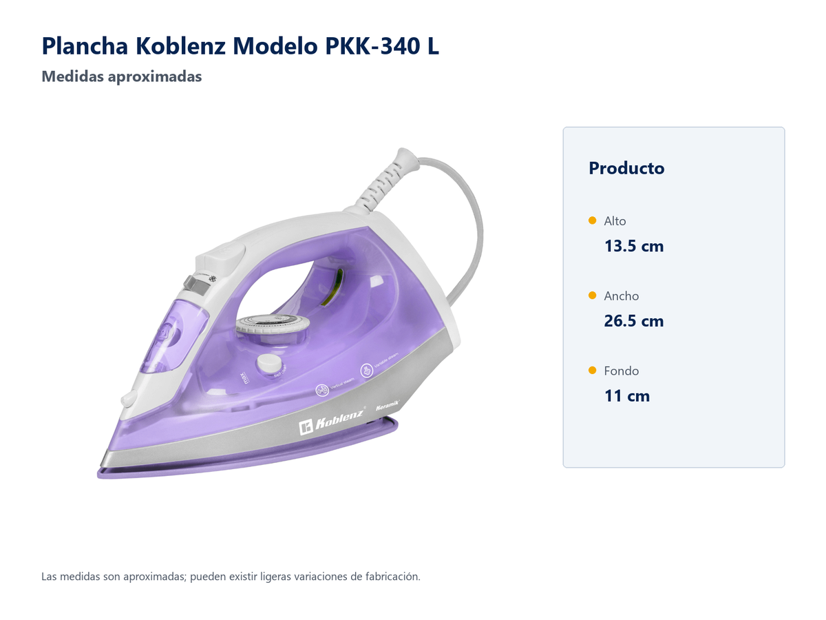 Plancha Koblenz PKK-340 L: medidas aproximadas sin empaque