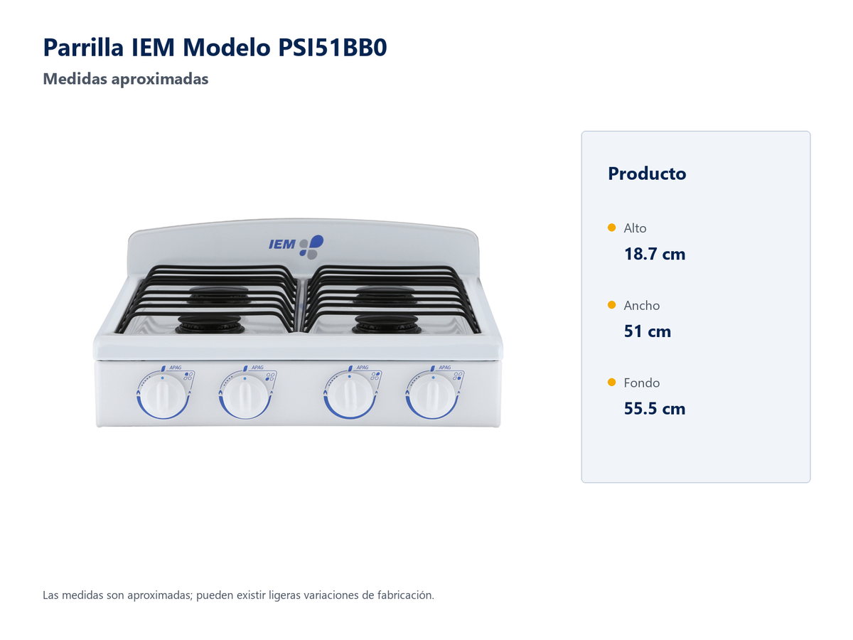 Parrilla IEM PSI51BB0: medidas aproximadas sin empaque.