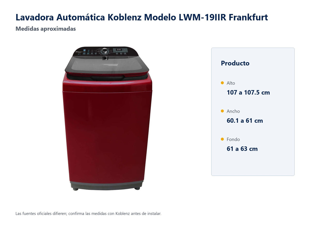 Medidas aproximadas de lavadora Koblenz Frankfurt R rojo; las fuentes oficiales difieren.