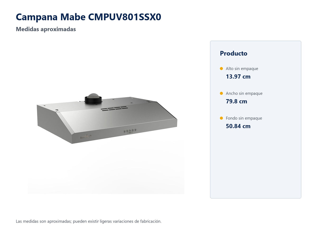Campana Mabe CMPUV801SSX0 - medidas aproximadas sin empaque