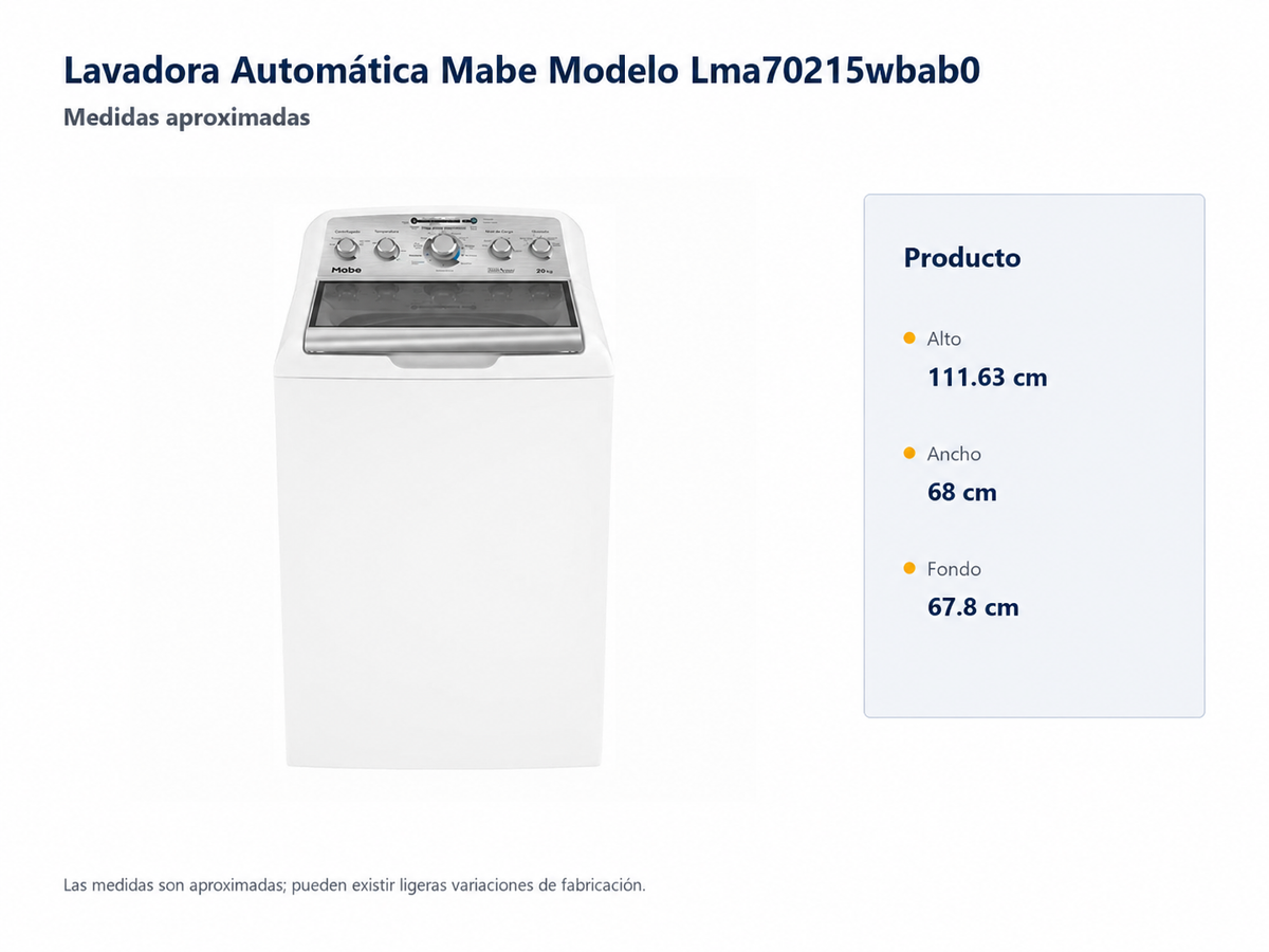 Lavadora Mabe LMA70215WBAB0 - medidas aproximadas sin empaque: alto 111.63 cm, ancho 68 cm y fondo 67.8 cm