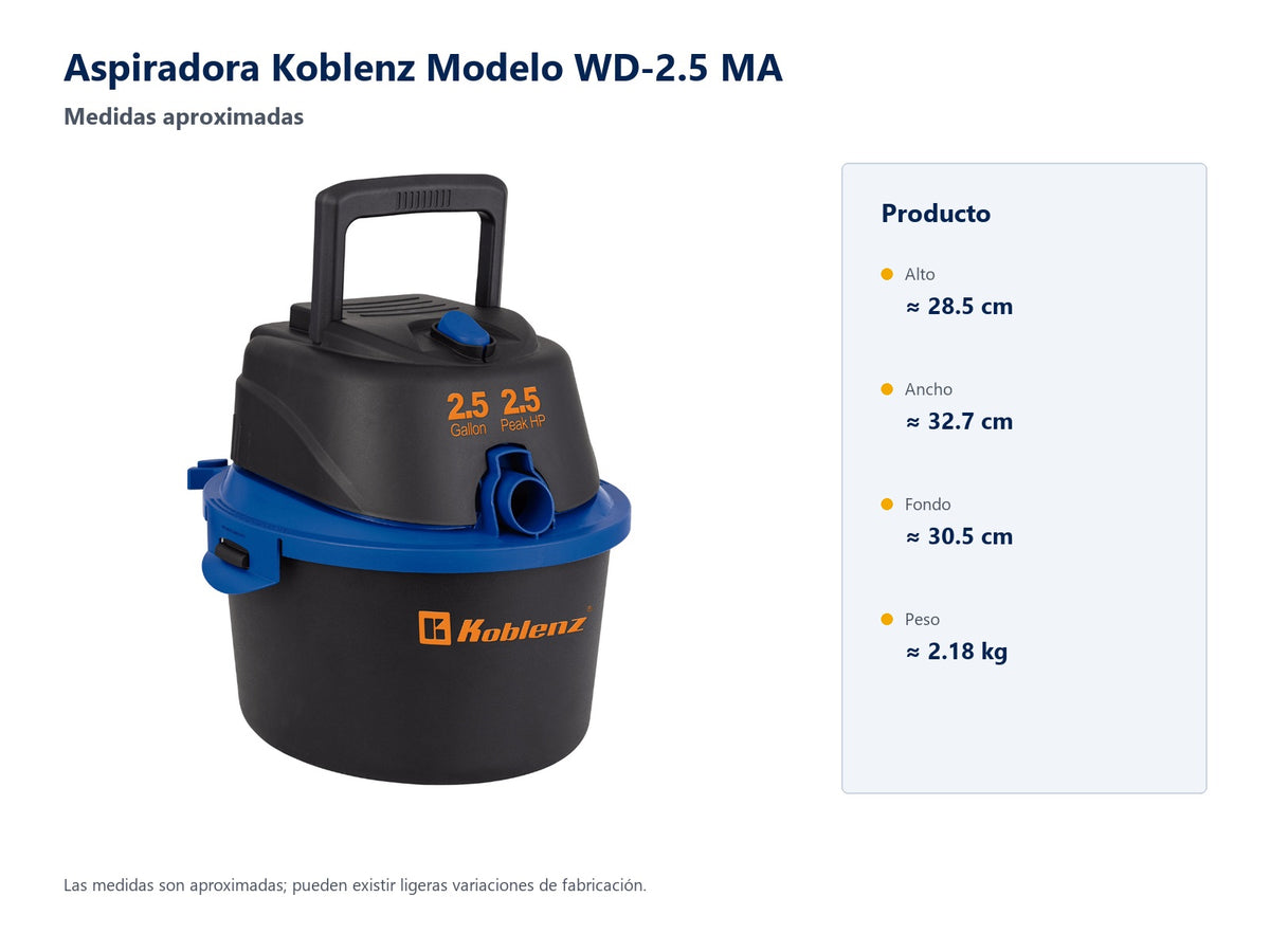 Medidas aproximadas de la aspiradora Koblenz WD-2.5 MA; medidas del producto sin empaque