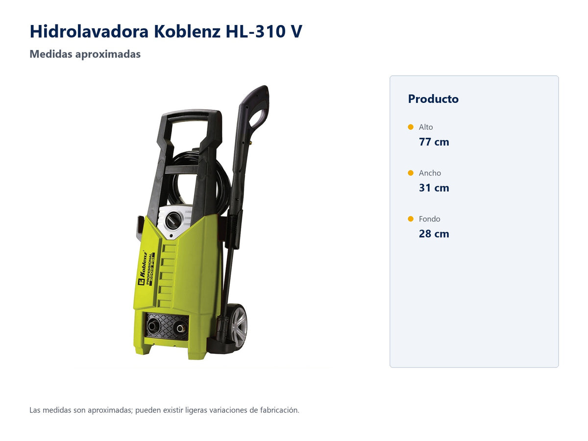 Hidrolavadora Koblenz Modelo Hl-310 V - medidas aproximadas; pueden existir ligeras variaciones de fabricación