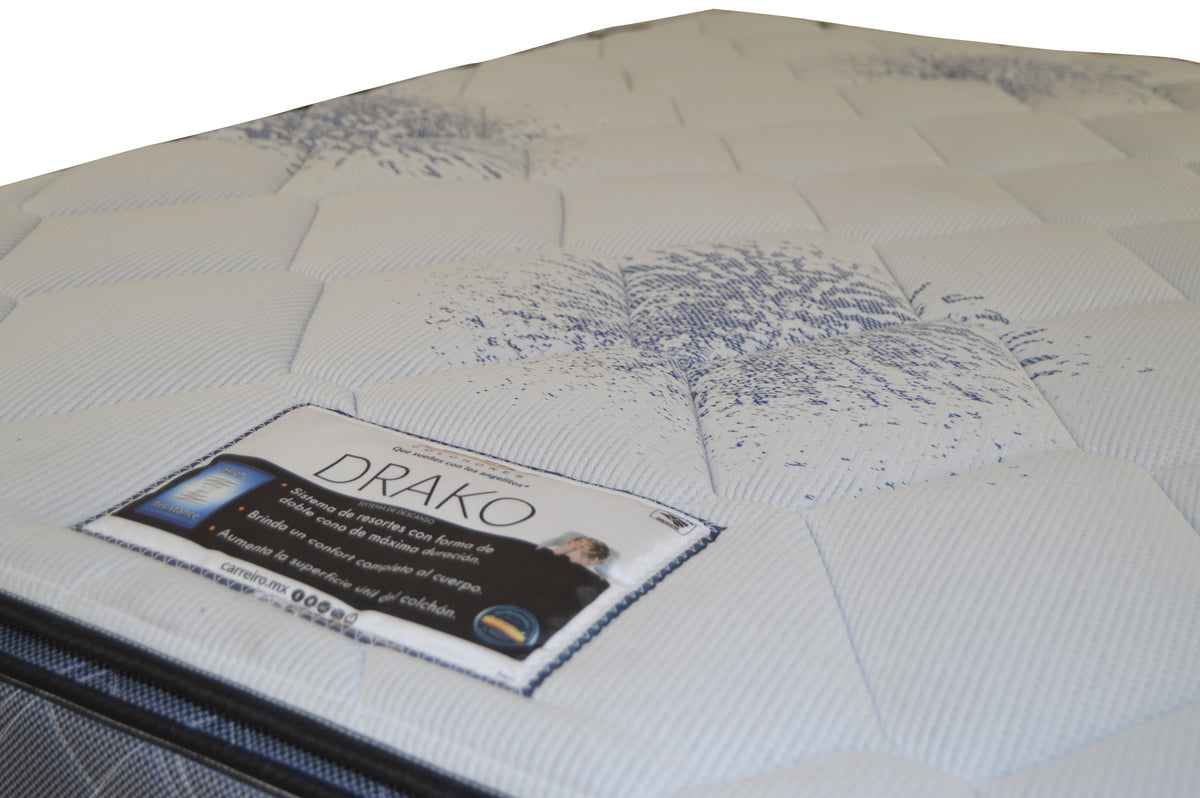 Colchón Carreiro Modelo Drako Queen Size - detalle del tejido y etiqueta Drako
