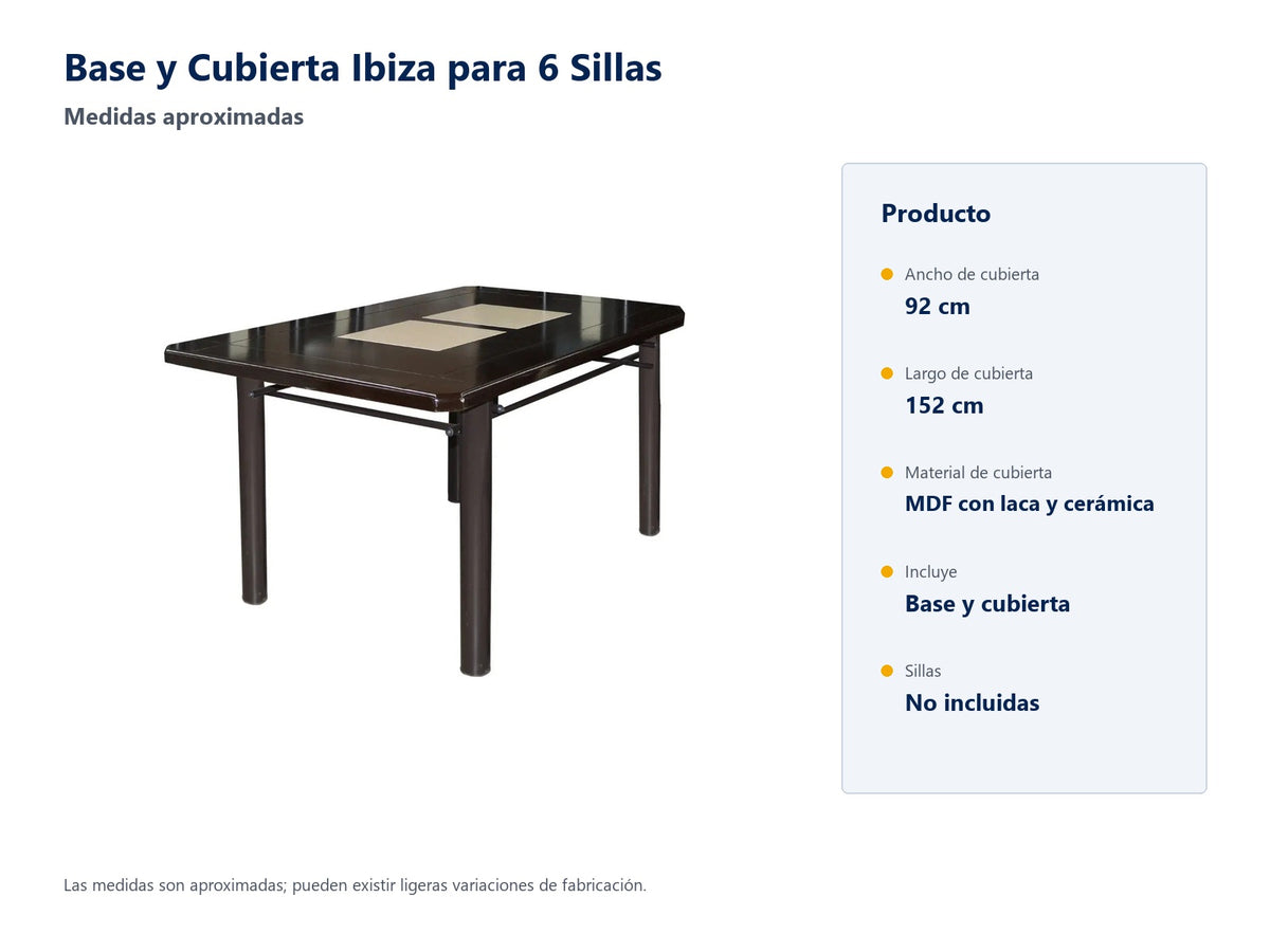 Medidas aproximadas de cubierta Ibiza. Base y cubierta; sillas no incluidas.