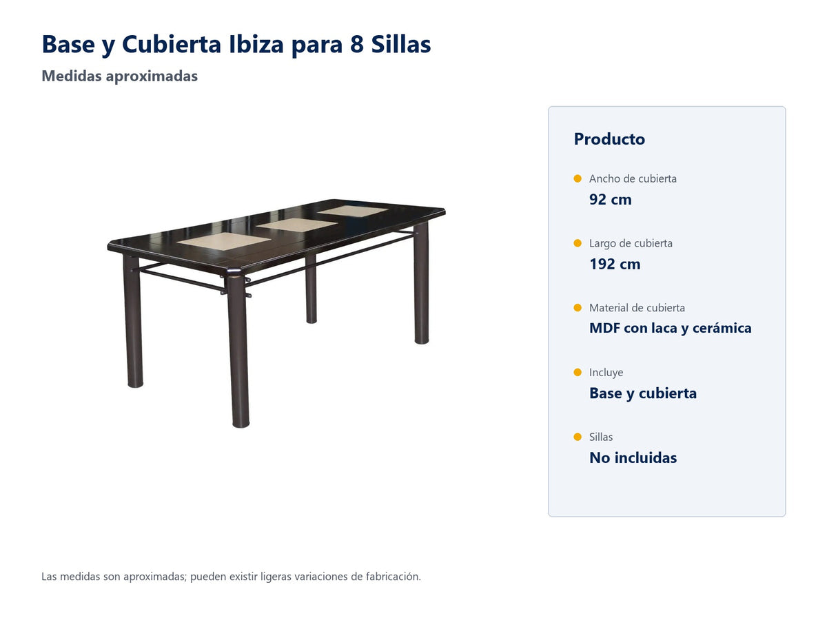 Medidas aproximadas de cubierta Ibiza. Base y cubierta; sillas no incluidas.